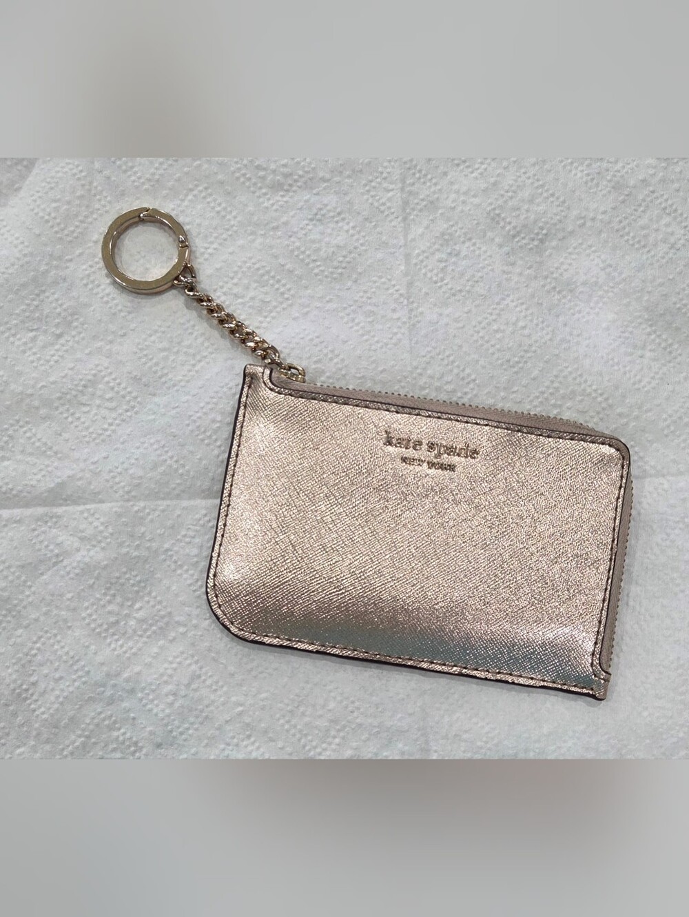 Kate Spade Metallic Champagne Rose Gold L-Zip Key Pouch Card Holder